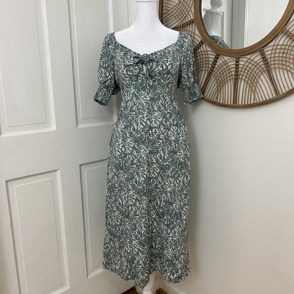 MIMI CHICA Green Tropical Milkmaid Puff Sleeve Smocked Flowy Midi Dress Size S - Picture 2 of 6